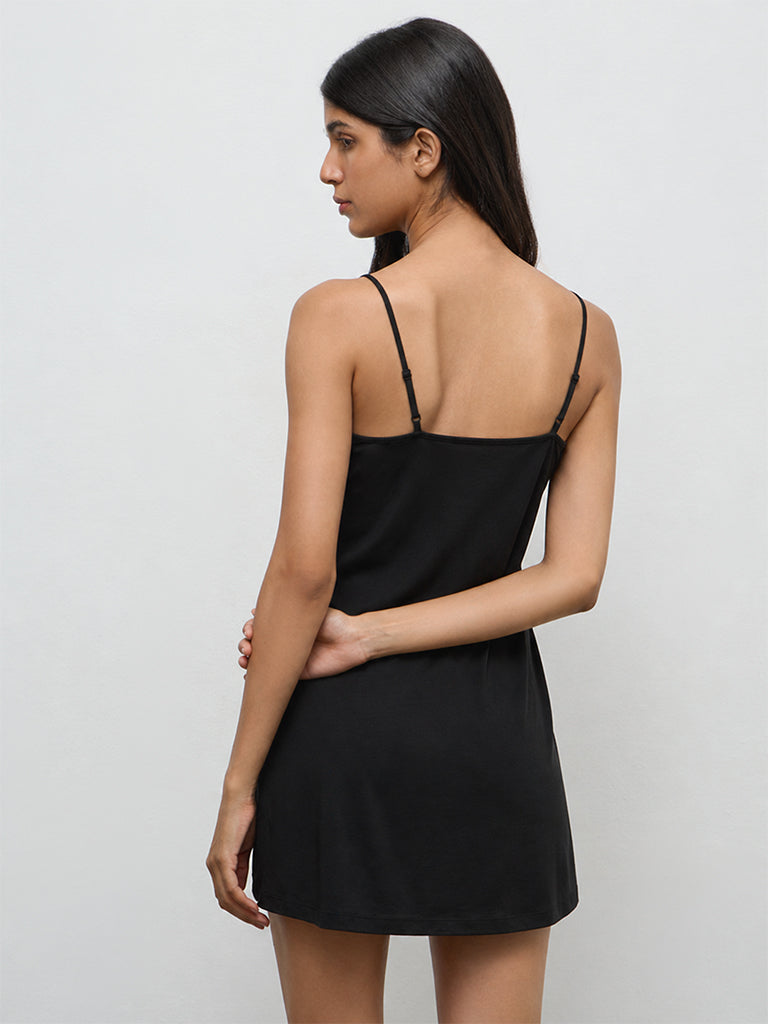 Wunderlove Black Solid Cotton-Blend Slip Dress