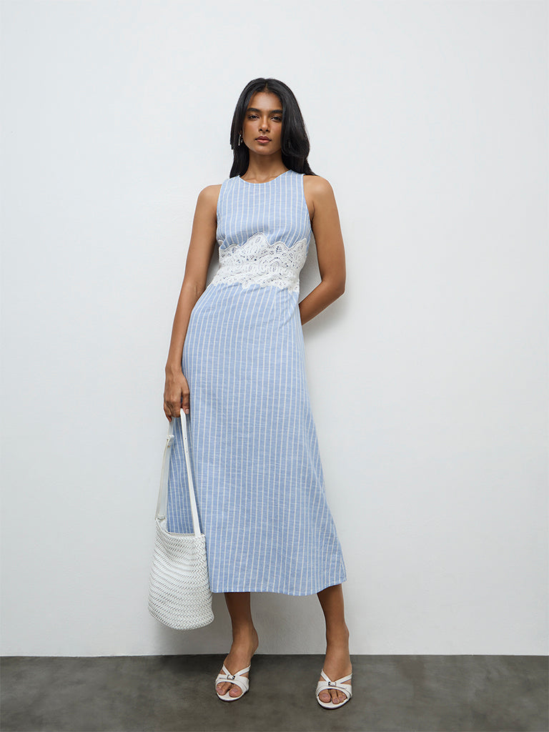 chinese dress ladies Buy LOV Light Blue Striped Lace-Detailed Cotton A-Line Dress from Westside