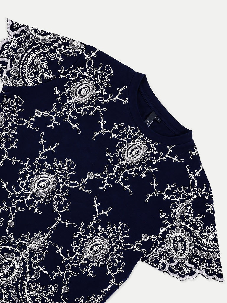 LOV Navy Embroidered Cotton Top