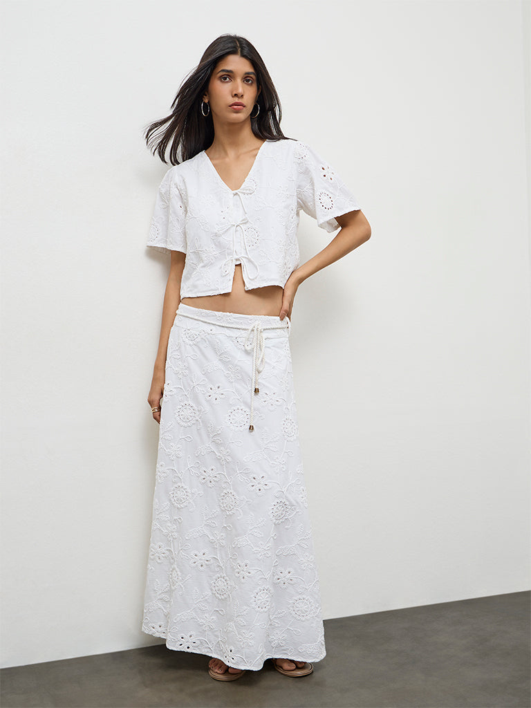 Buy LOV White Schiffli Embroidered High-Rise Cotton Skirt from