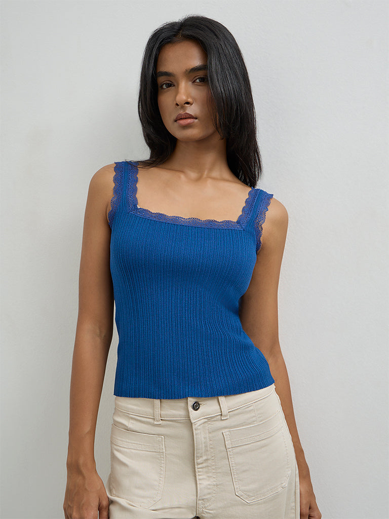Buy LOV Blue Ribbed Lace-Detailed Top from Westside