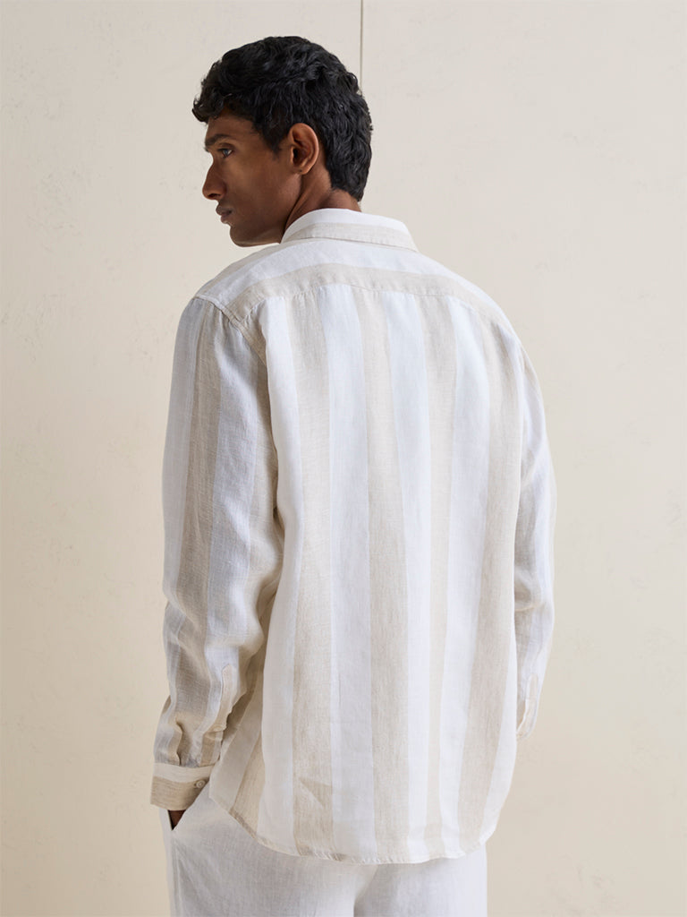 Ascot Beige Striped Relaxed-Fit Linen Shirt