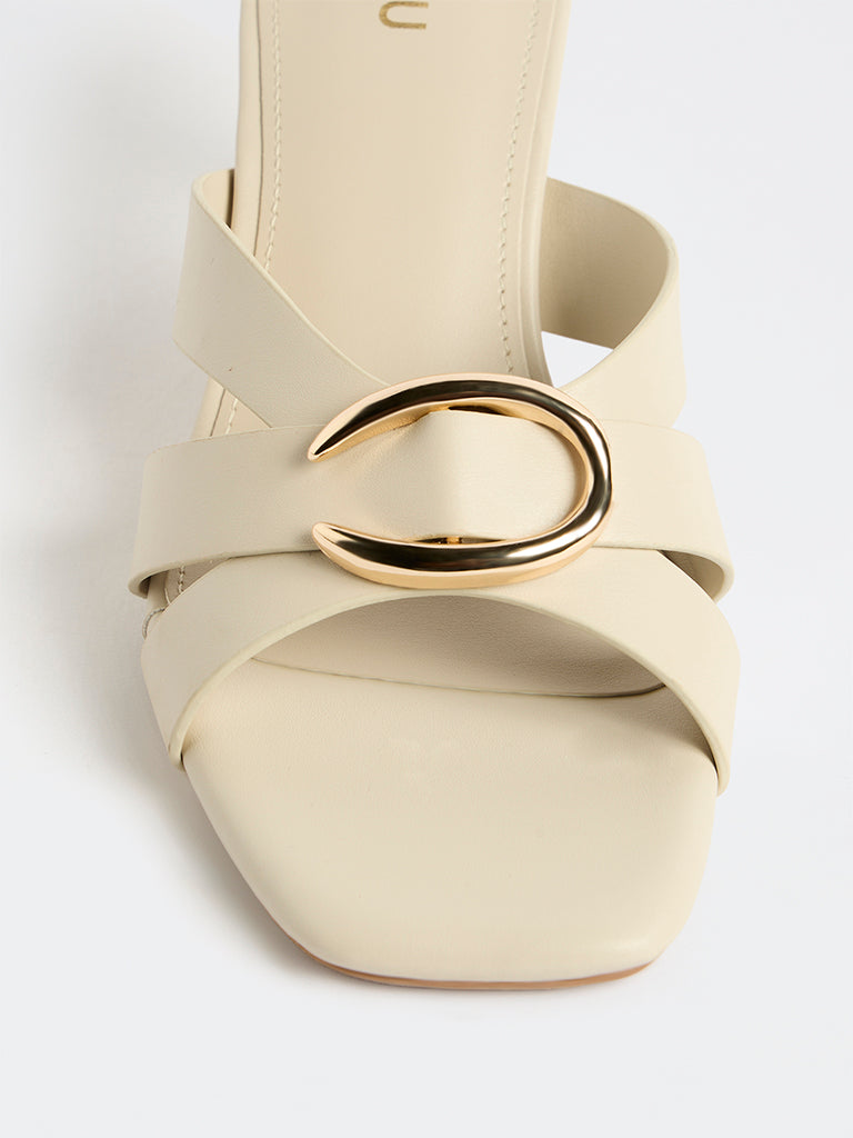 LUNA BLU Ivory Metal-Detailed Mule Heel Sandals