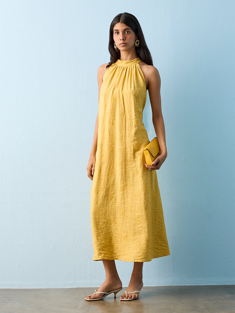 Buy LOV Mustard Botanical Embroidered A-Line Dress from Westside