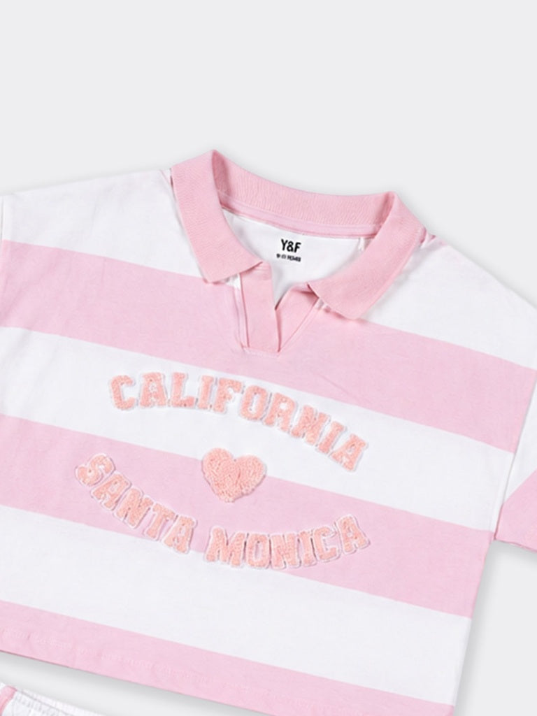 Girls Pink Striped Cotton Polo Crop Top and Shorts Set