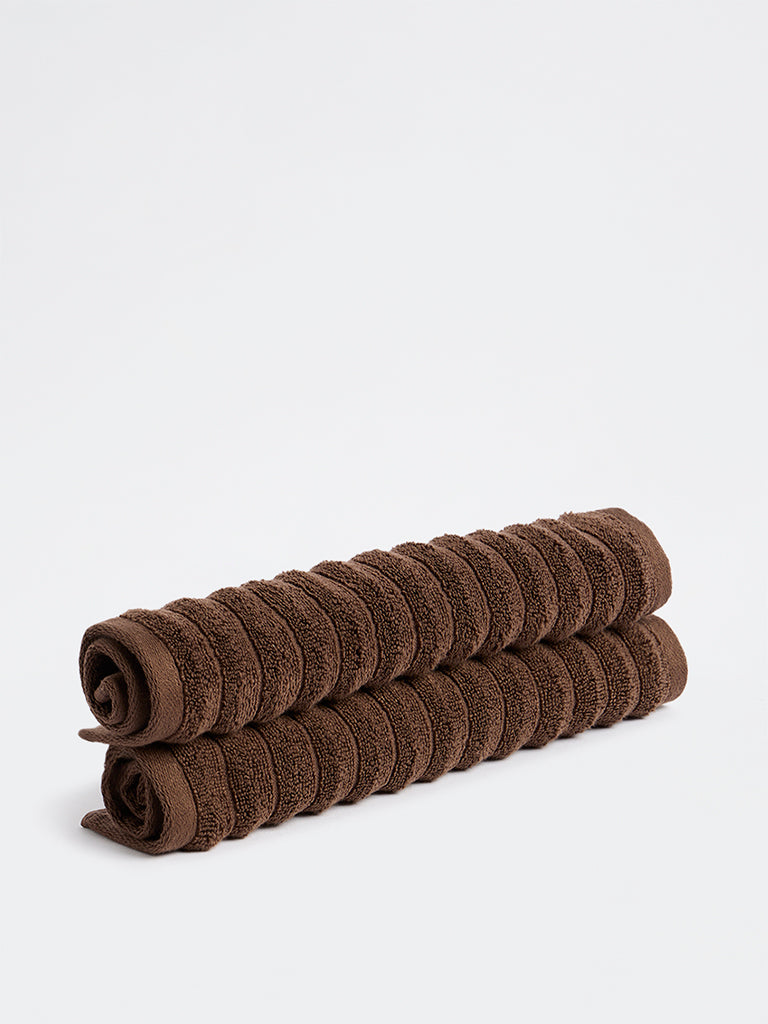 Westside Home Dark Brown Self-Striped Face Towels - Set of 2