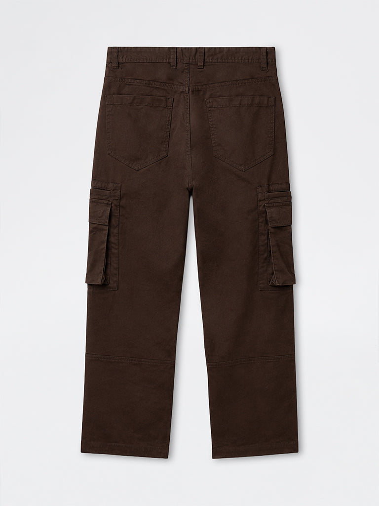 WES Casuals Dark Brown Relaxed-Fit Mid-Rise Cotton Cargo Pants