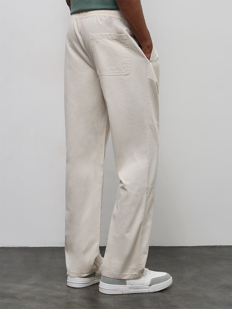 WES Casuals Off-White Cotton Relaxed-Fit Mid-Rise Pants