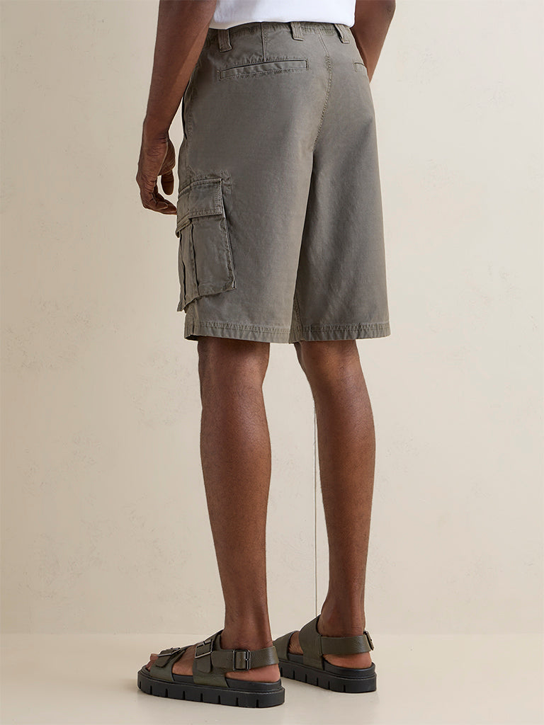 WES Casuals Dark Olive Relaxed-Fit Mid-Rise Cotton Cargo Shorts