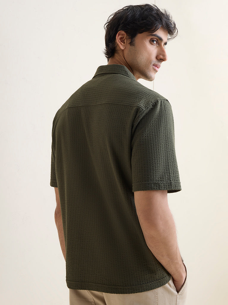 WES Casuals Olive Cotton-Blend Textured Relaxed-Fit Shirt