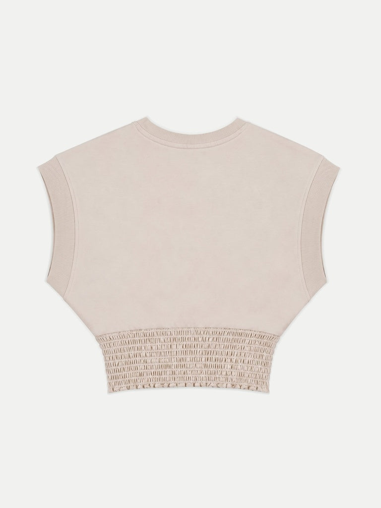 Nuoflexx Cream Text Printed Cotton-Blend Smocked Top