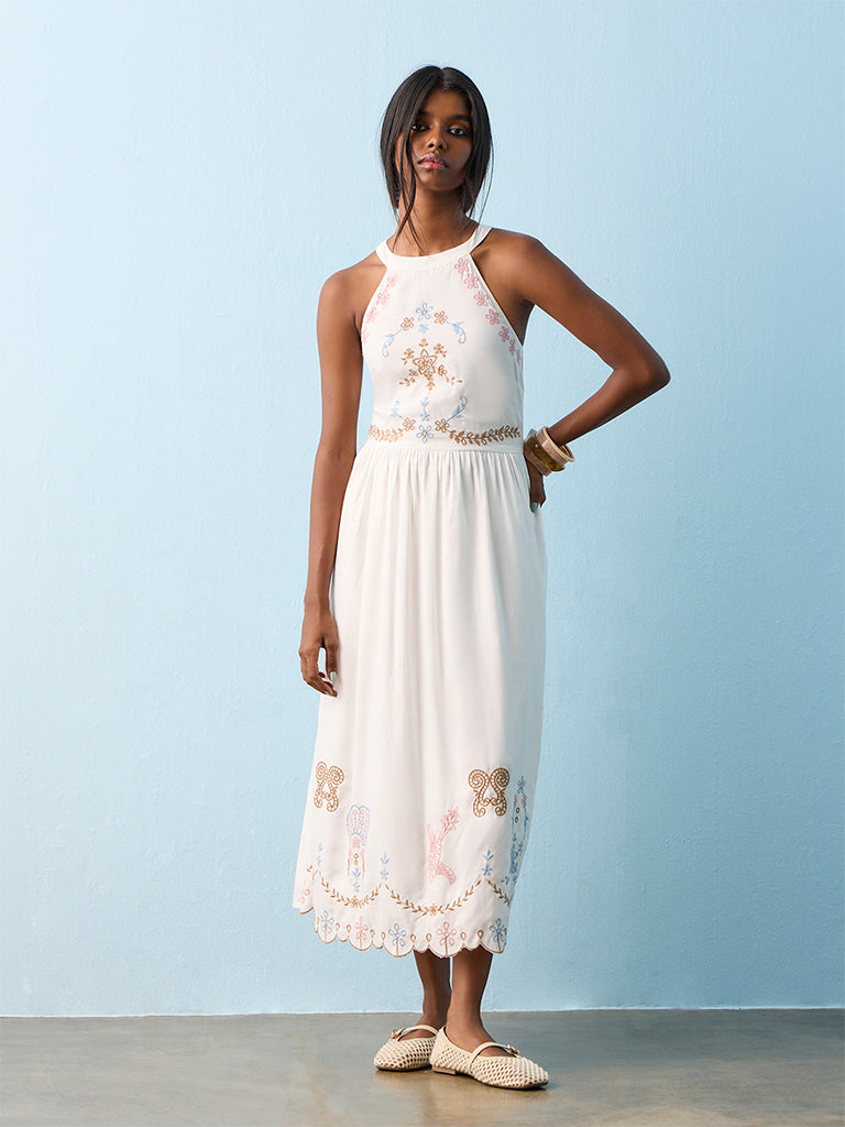 Buy Bombay Paisley White Embroidered A-Line Dress from Westside