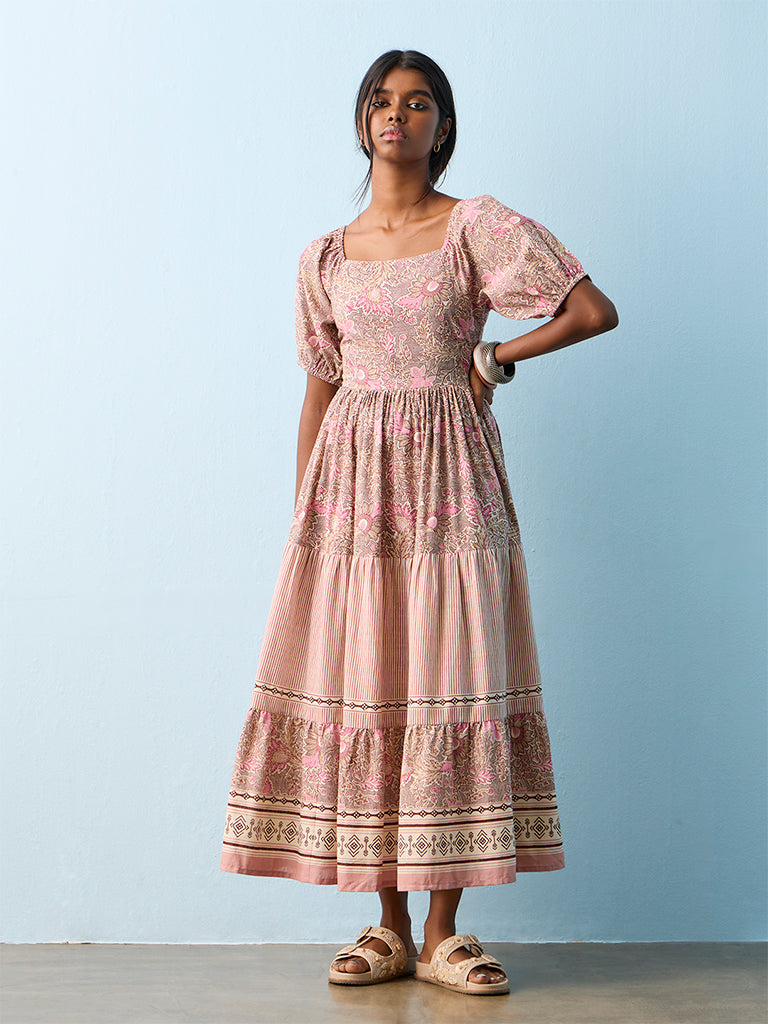 Buy Bombay Paisley Multicolor Foliage Printed Cotton Tiered Dress