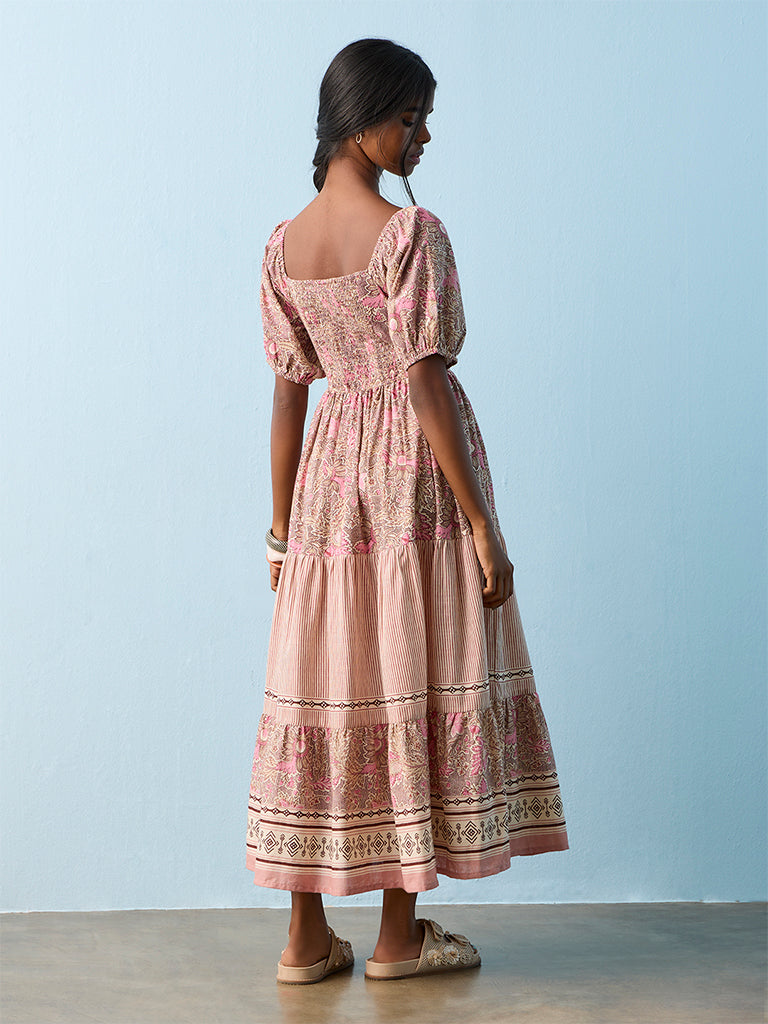 Bombay Paisley Multicolour Foliage Printed Cotton Tiered Dress