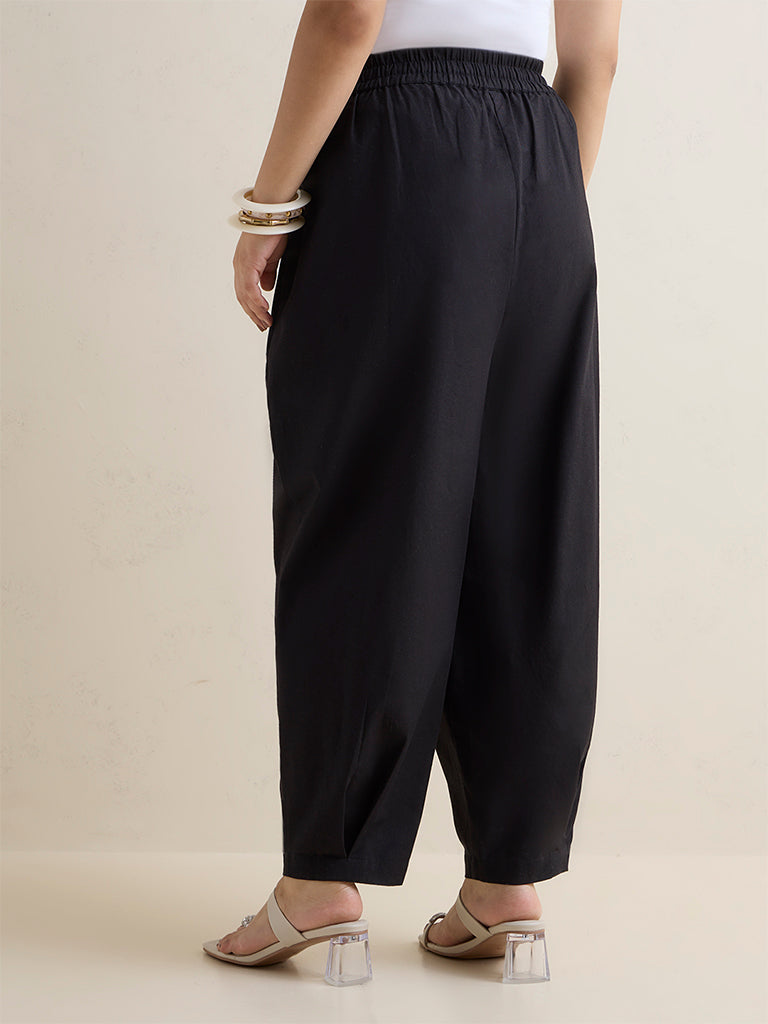 Diza Black Barrel-Fit Ethnic Cotton Pants