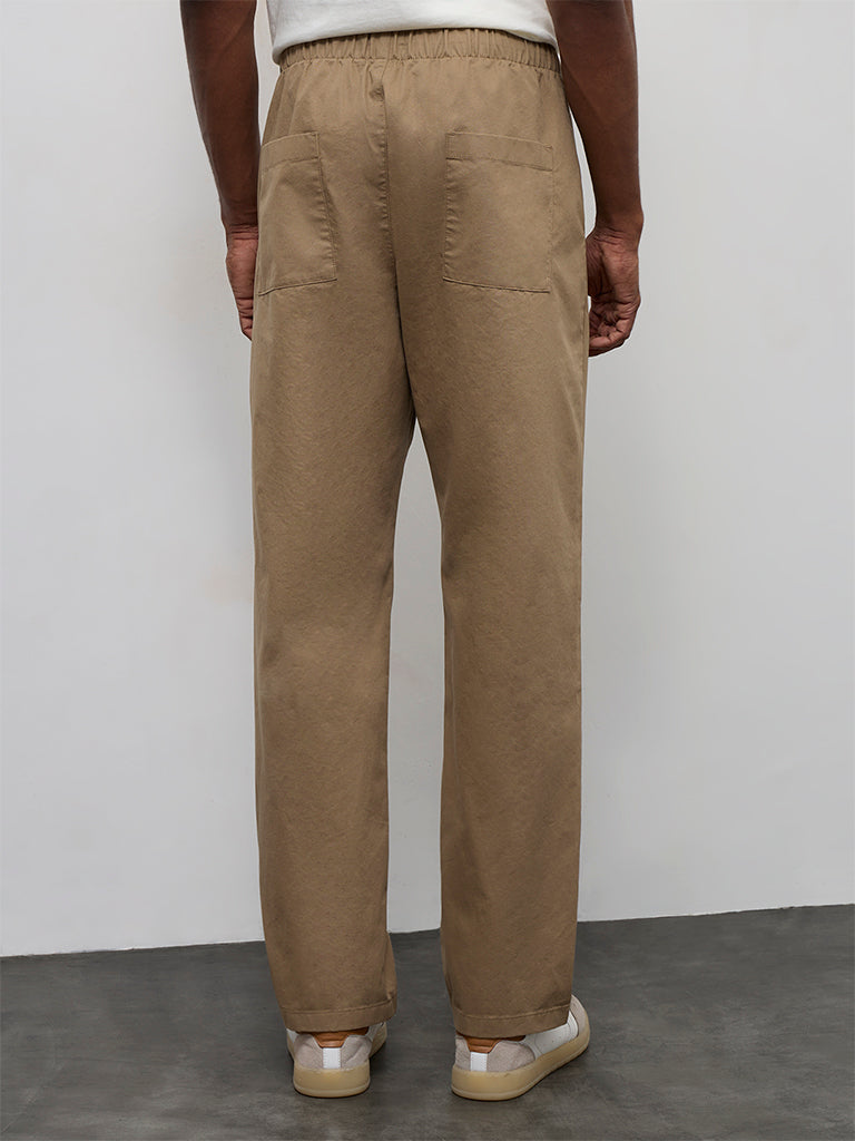 WES Casuals Cotton-Blend Dark Taupe Relaxed-Fit Mid-Rise Chinos