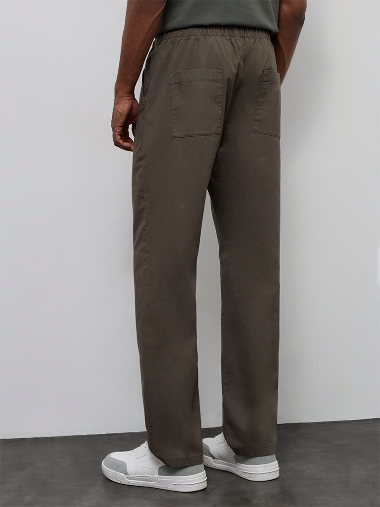 WES Casuals Cotton-Blend Olive Relaxed-Fit Mid-Rise Chinos