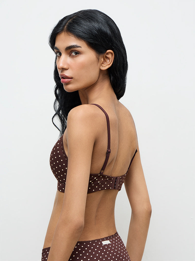 Superstar Dark Brown Polka-Dot Cotton-Blend Padded Bra
