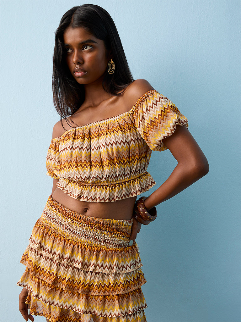 トップス josemoon FUR OFFSHOULDER TOPS Buy Nuon Mustard Chevron Printed Off-Shoulder Top from Westside
