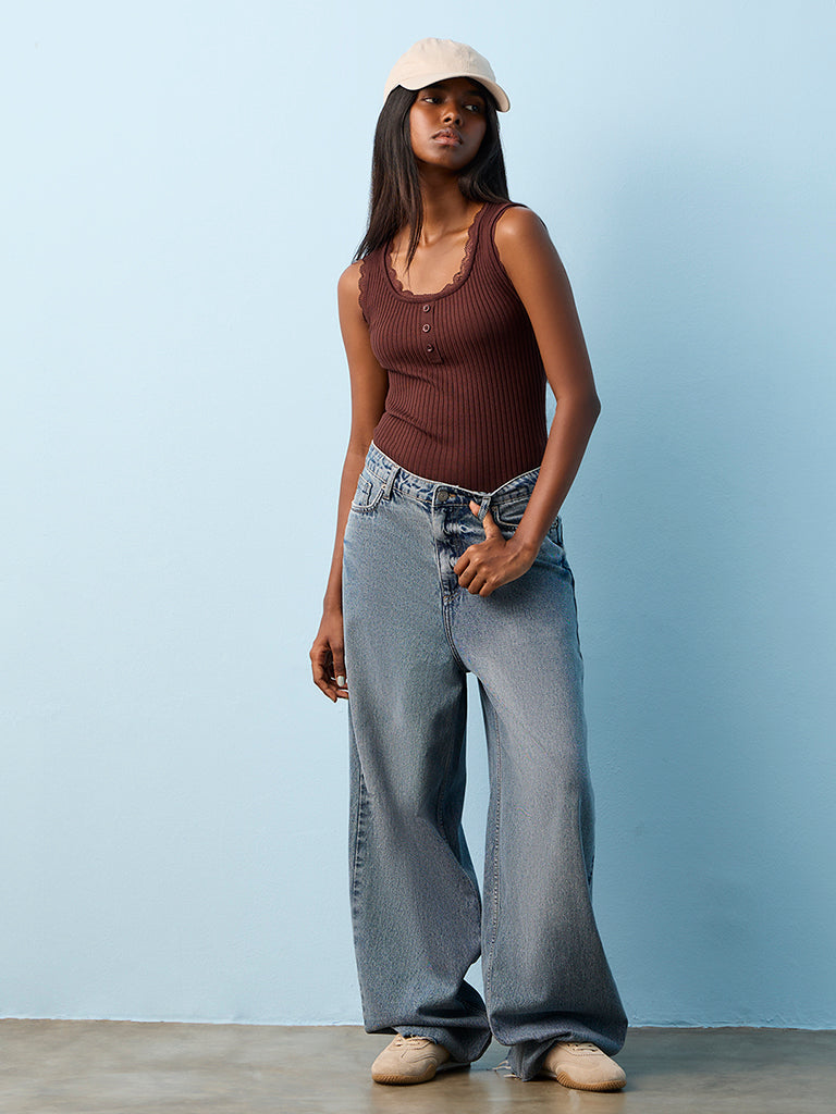 Buy Nuon Brown Ribbed-Textured Tank Top from Westside