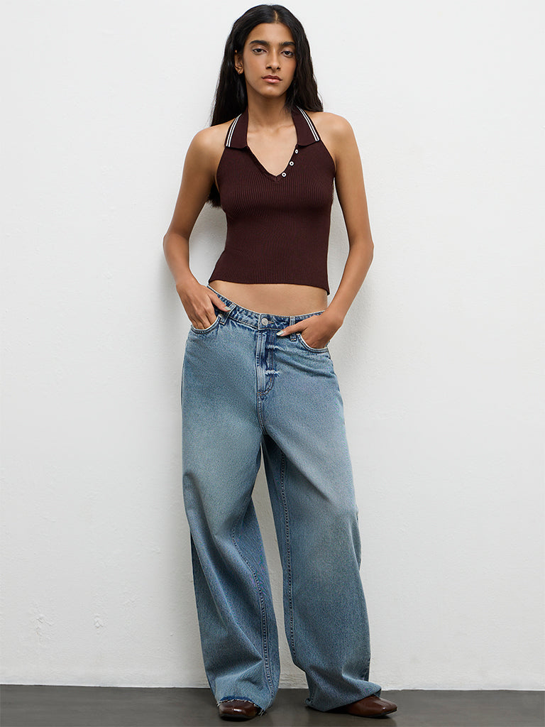 Buy Nuon Dark Brown Ribbed Halter-Neck Top from Westside
