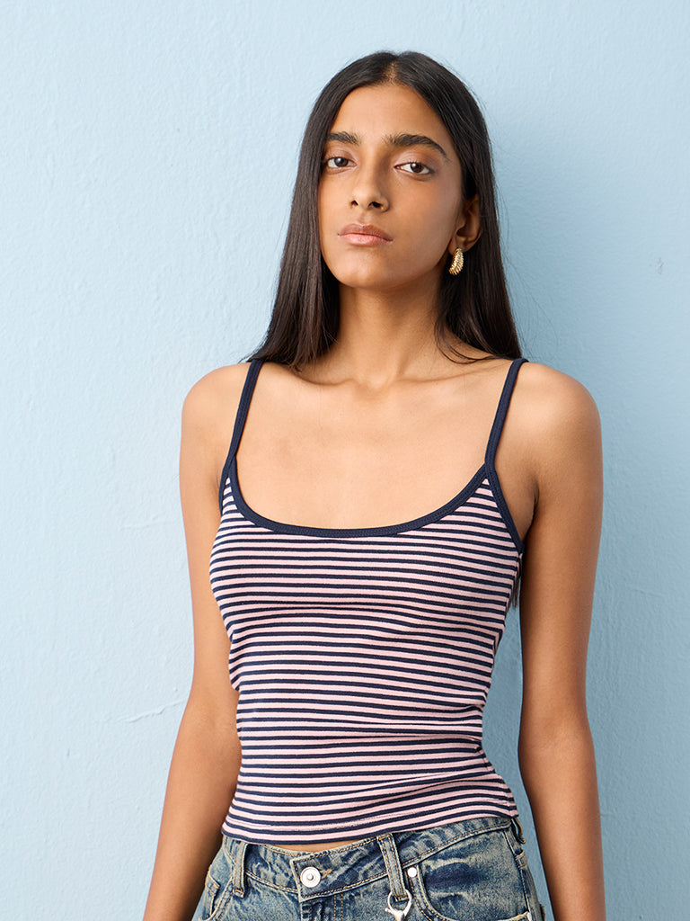 Buy Nuon Pink Striped Cotton Tank Top from Westside