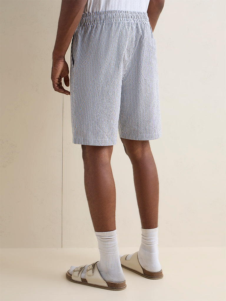 WES Lounge Grey Striped Relaxed-Fit Mid-Rise Cotton Shorts