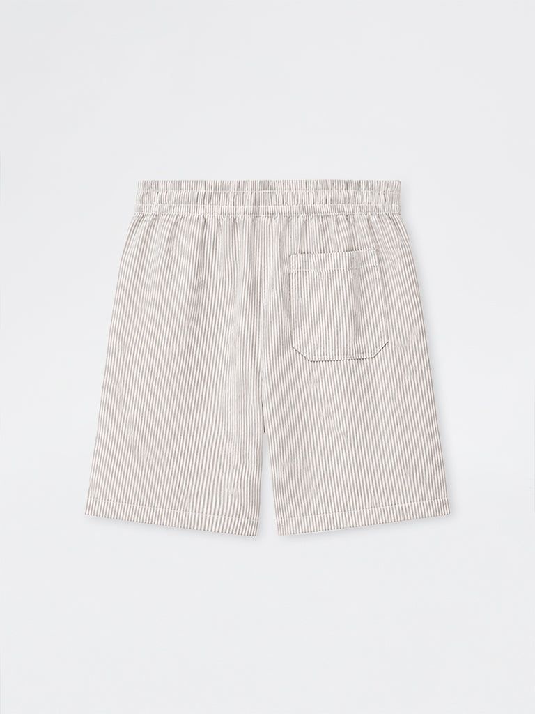 WES Lounge Beige Striped Relaxed-Fit Mid-Rise Cotton Shorts