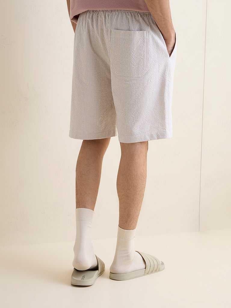 WES Lounge Beige Striped Relaxed-Fit Mid-Rise Cotton Shorts
