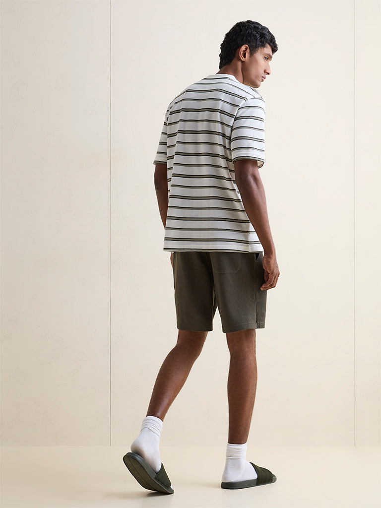 WES Lounge Olive Waffle Textured Relaxed-Fit Cotton-Blend Shorts
