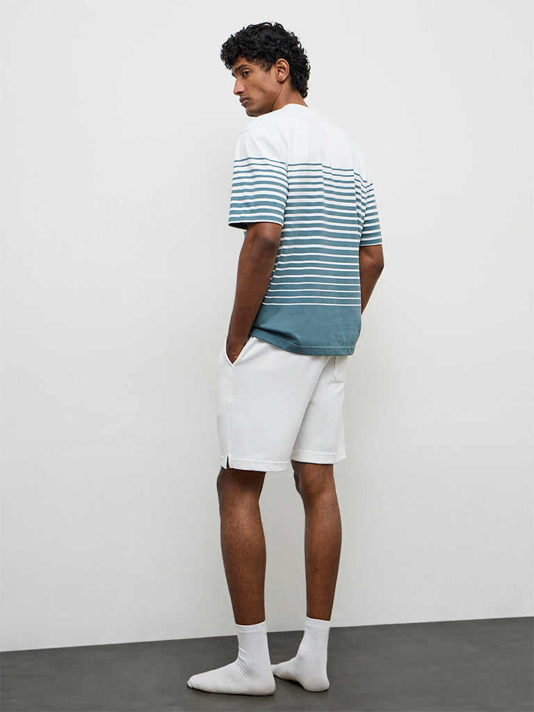 WES Lounge Teal Striped Relaxed-Fit Cotton T-Shirt