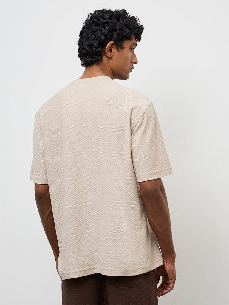 WES Lounge Light Beige Textured Relaxed-Fit Cotton T-Shirt