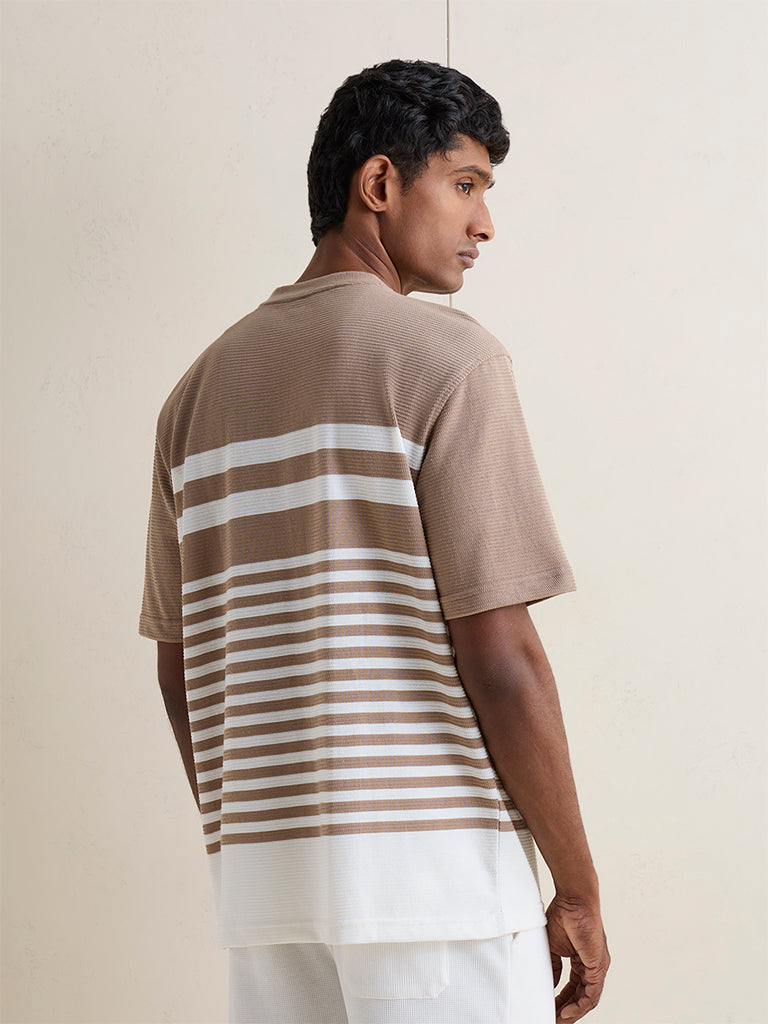 WES Lounge Beige Striped Relaxed-Fit Cotton-Blend T-Shirt
