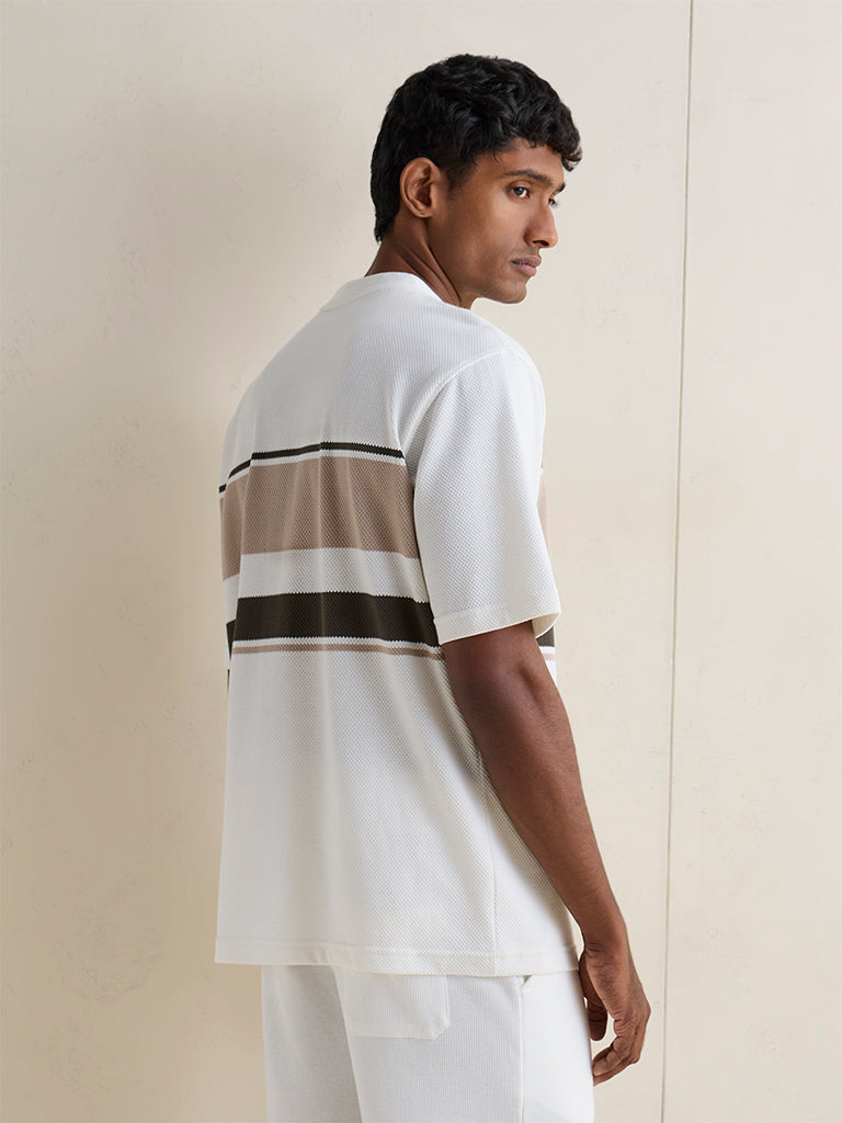 WES Lounge Off-White Striped Relaxed-Fit Cotton-Blend T-Shirt