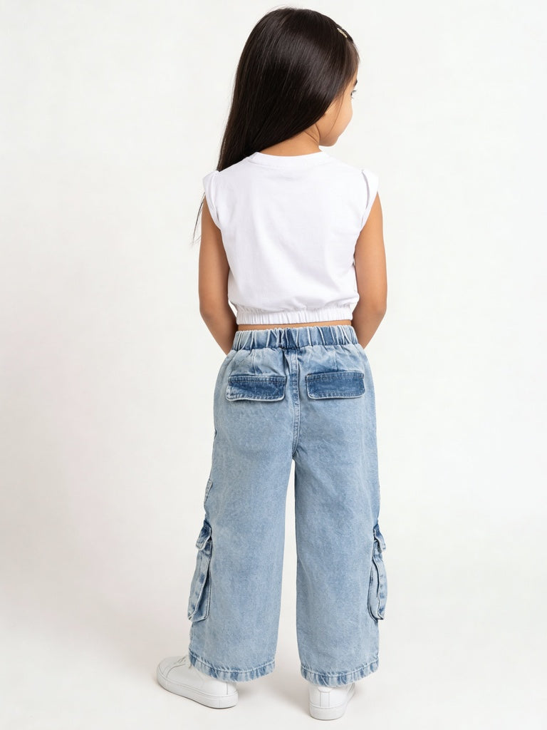 Hop Kids Girls Blue Butterfly Applique Straight Fit Denim Jeans