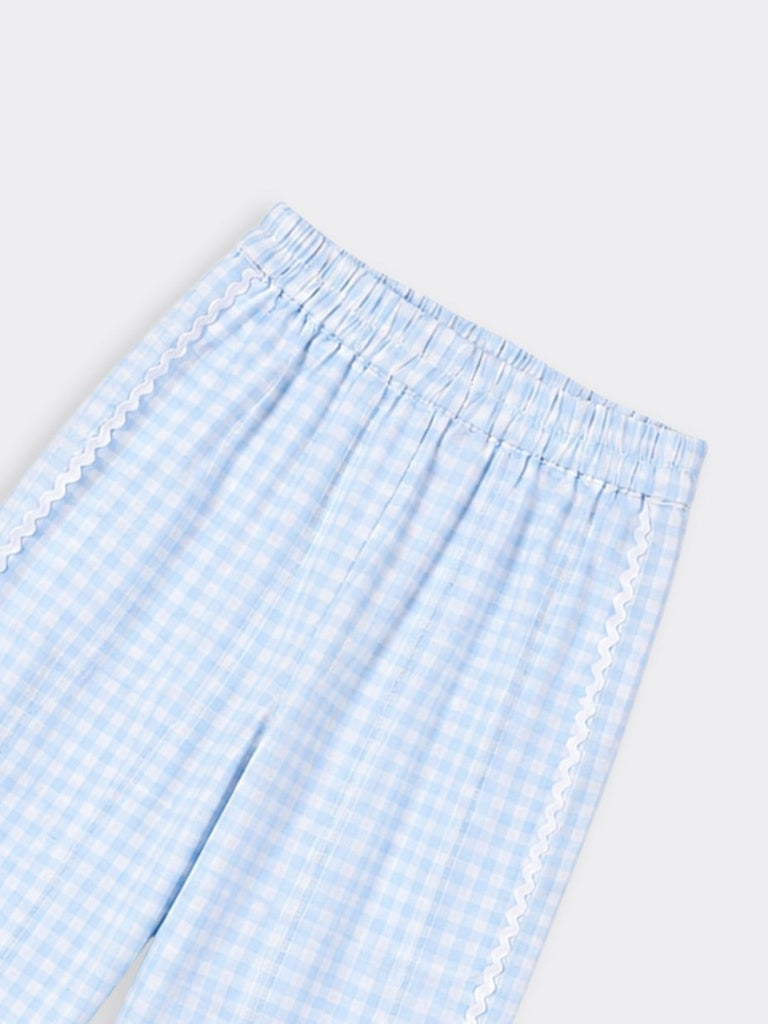 HOP Kids Girls Blue Gingham Lace Trim Wide Leg Pyjama