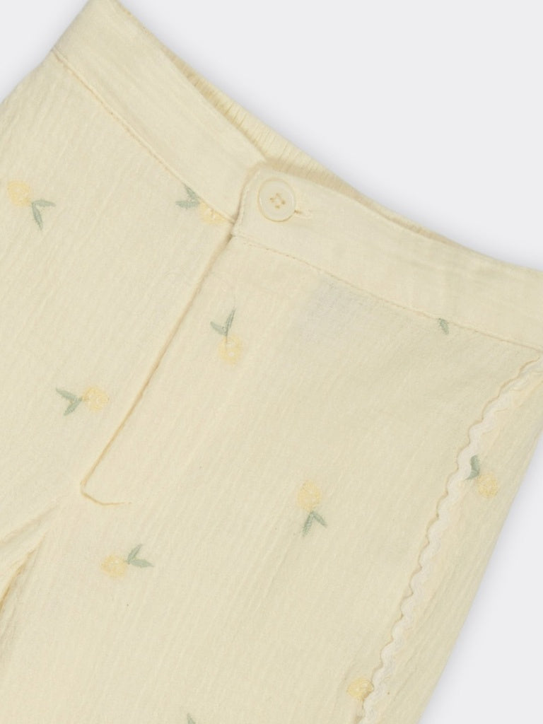 HOP Kids Girls Light Yellow Embroidered Mid-Rise Cotton Pants