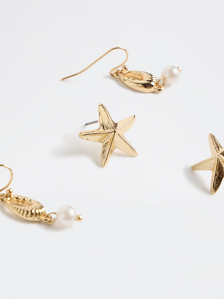 Westside Accessories Gold Starfish and Shell Earrings - Pack of 2