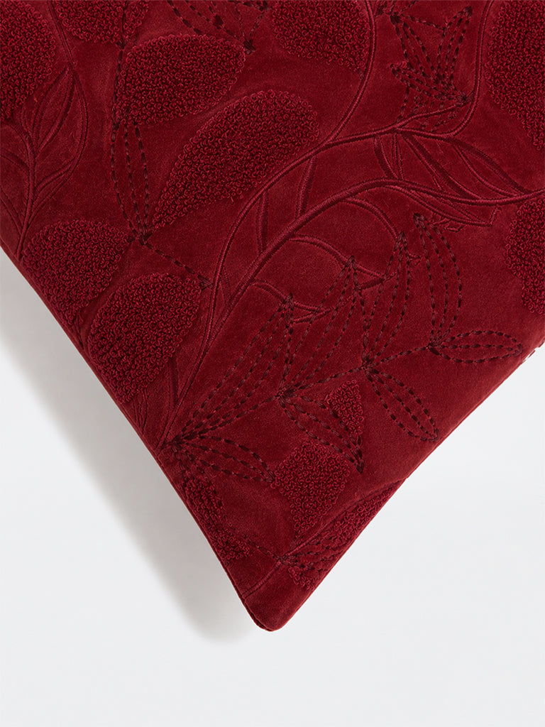 Westside Home Red Botanical Embroidered Velvet Cushion Cover