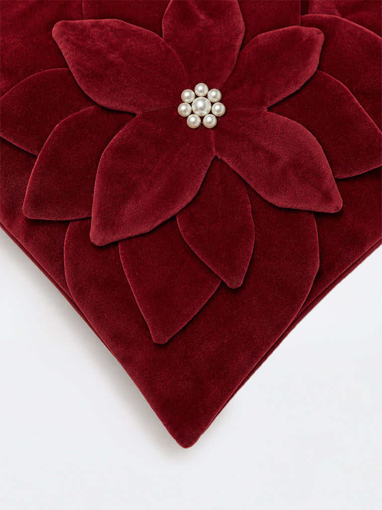 Westside Home Red Floral Design Velvet Cushion Cover