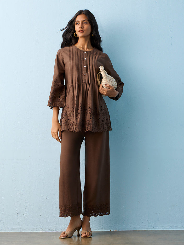 Buy Utsa Brown Schiffli Design Cotton Tunic from Westside