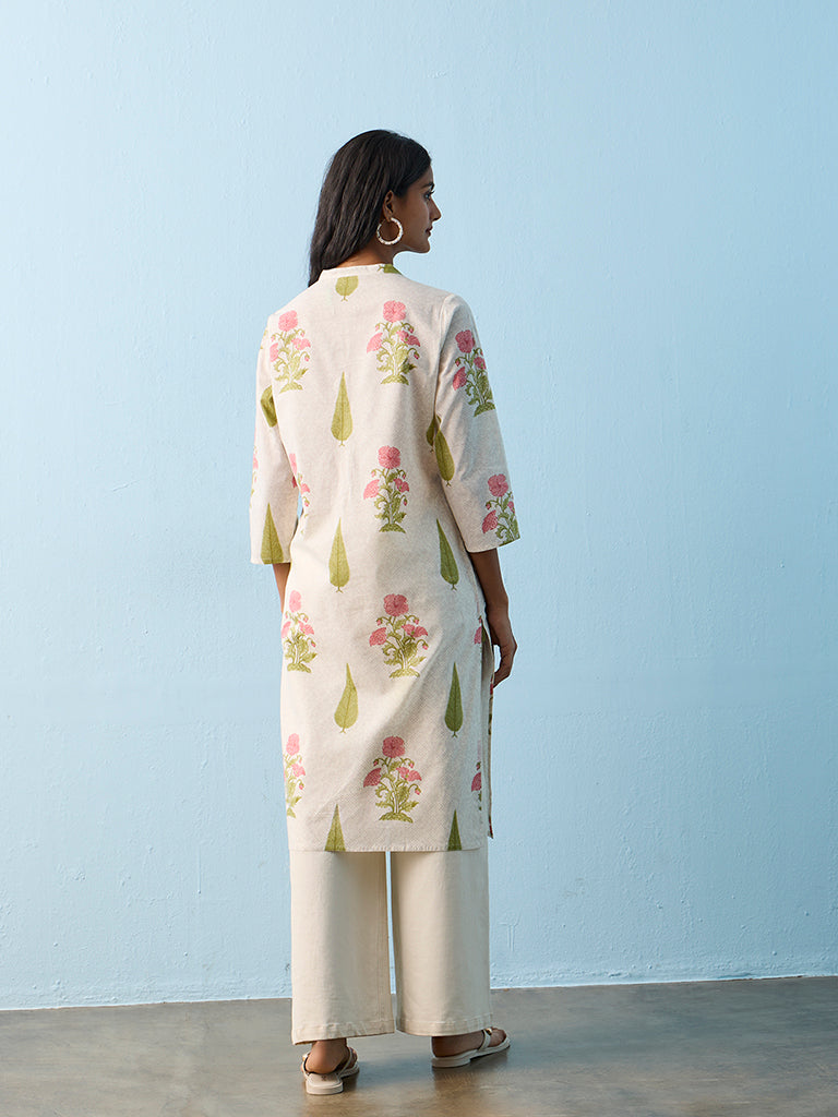 Utsa Light Beige Floral Printed Straight Cotton Kurta