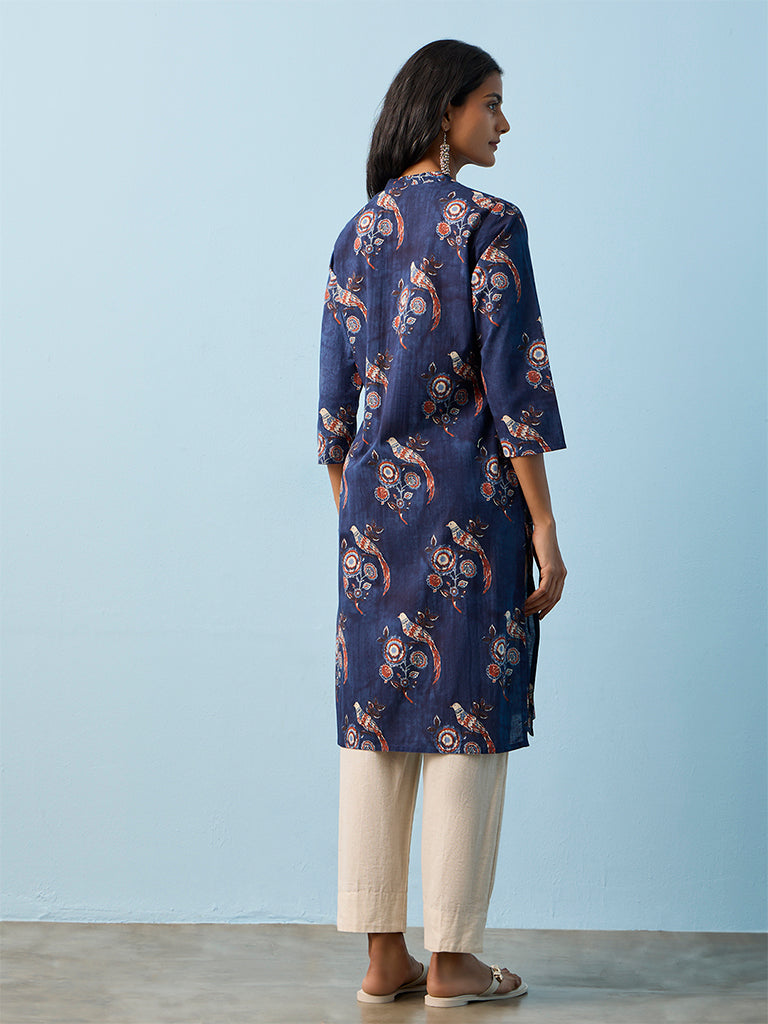 Utsa Indigo Printed Cotton Straight Kurta