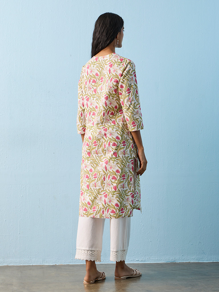 Utsa Multicolour Foliage Pattern Straight Cotton Kurta