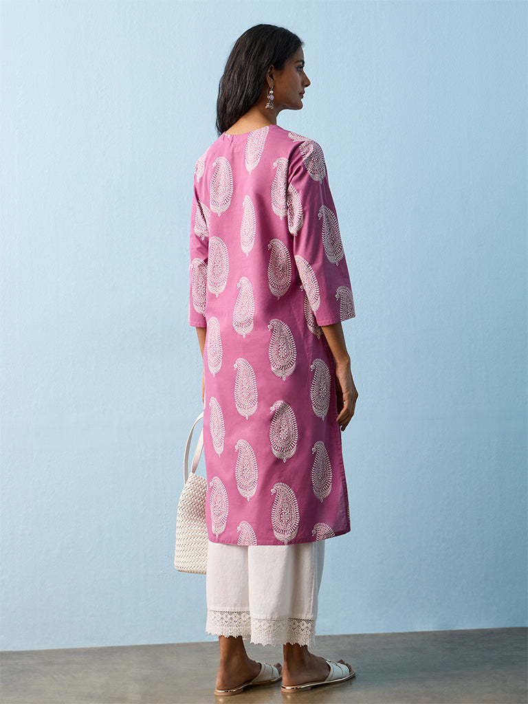 Utsa Pink Paisley Pattern Straight Cotton Kurta