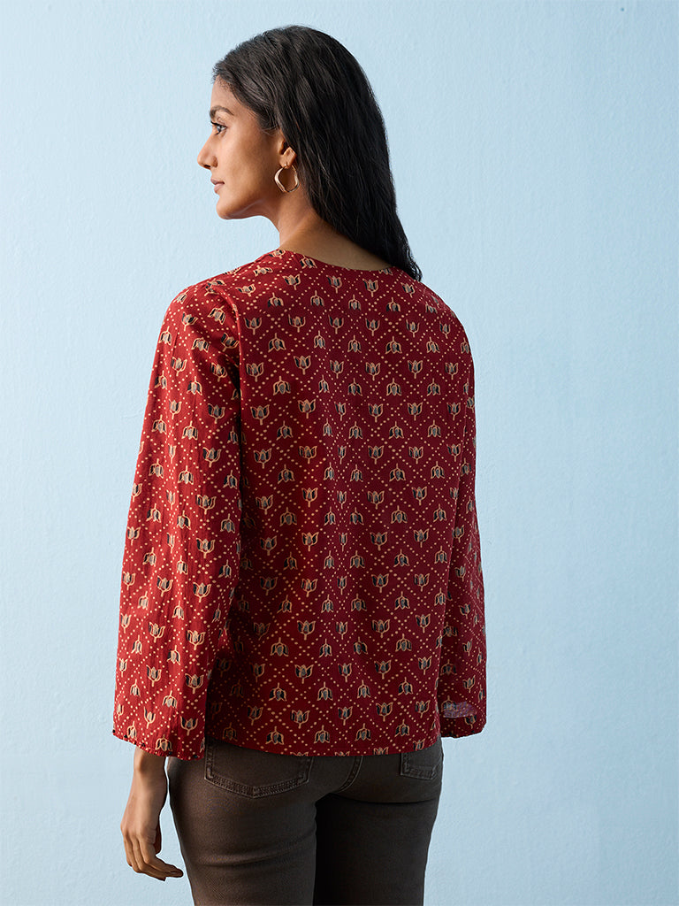Utsa Red Botanical Printed Cotton Top