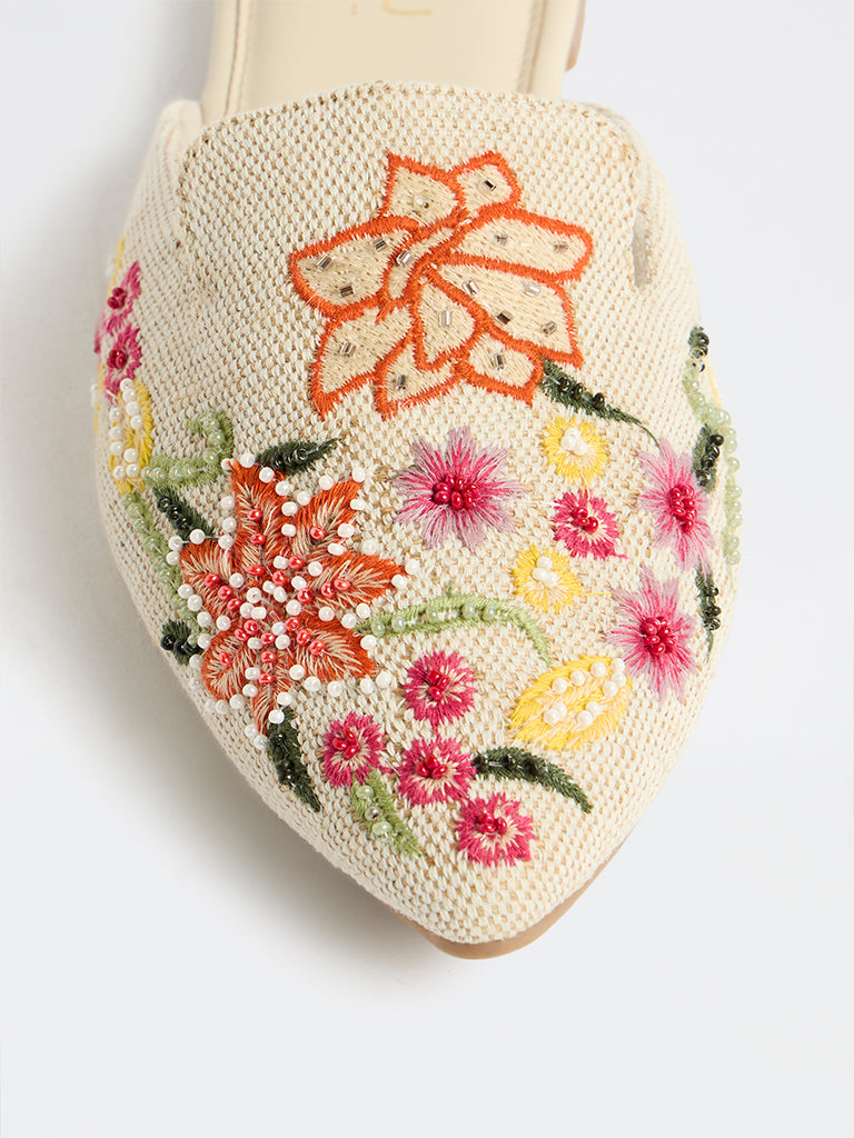 LUNA BLU Cream Floral Embroidered Mules