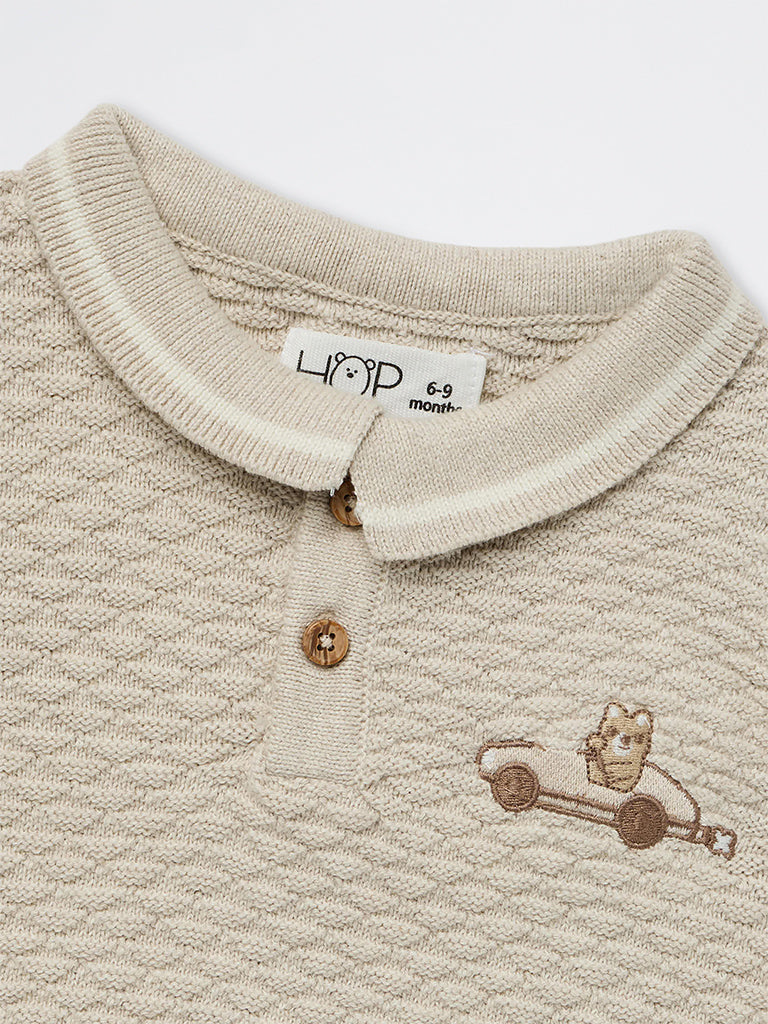 HOP Baby Boys Beige Cable-Knit Textured Cotton Polo T-Shirt