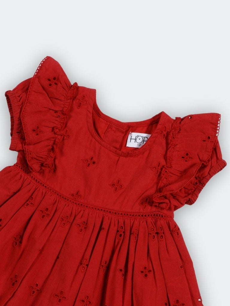 HOP Baby Girls Red Embroidered Cotton Dress
