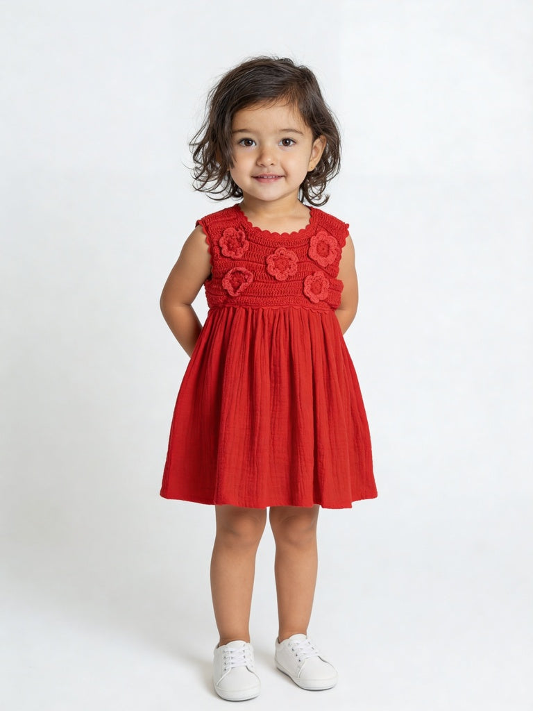 HOP Baby Girls Red Crochet Floral Applique Cotton Dress
